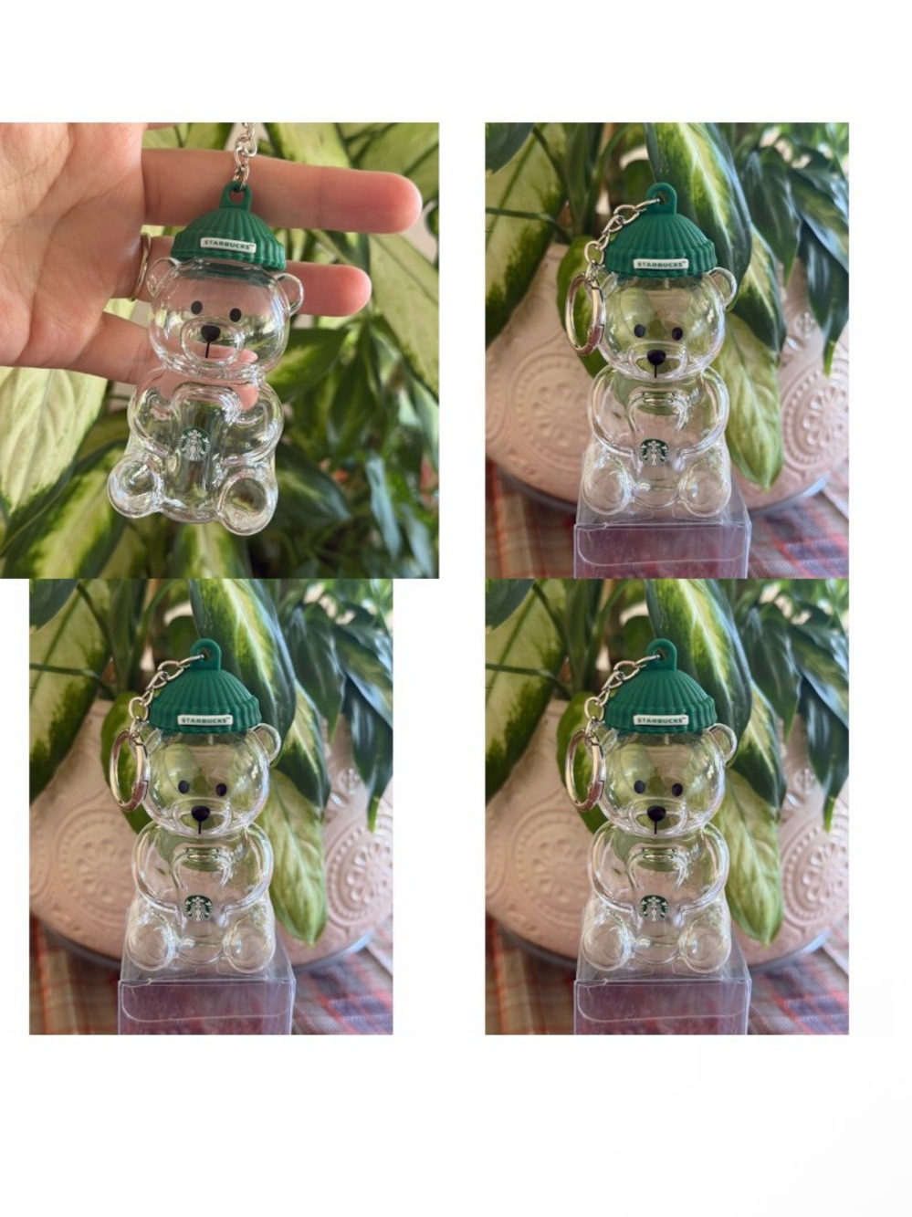 Starbucks Clear Bear Charm with Green Beanie and Metal Ring